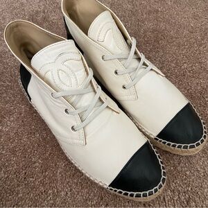 Chanel Two Tone Leather CC Logo Espadrille Lace Up High Top Sneakers